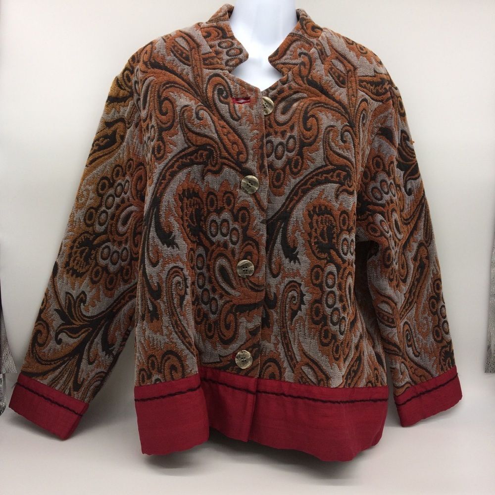 Ivy Tapestry Jacket in Earth Tones w/Red Silk Trim & Decorative Metal Button-M